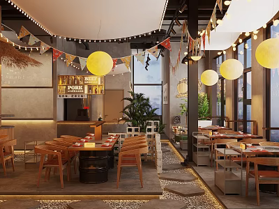 Cozy Hotpot Restaurant Interior With Hanging Lanterns Wooden Tables And String Flags 3d model