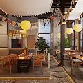 Cozy Hotpot Restaurant Interior With Hanging Lanterns Wooden Tables And String Flags