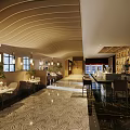 Elegant Restaurant Interior With Marble Bar Counter Dining Tables Hanging Lights And Wavy Ceiling