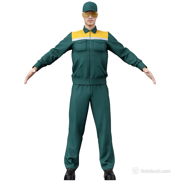 Front View Character In Green Jumpsuit With Yellow White Accents And Arms Outstretched 3d model 