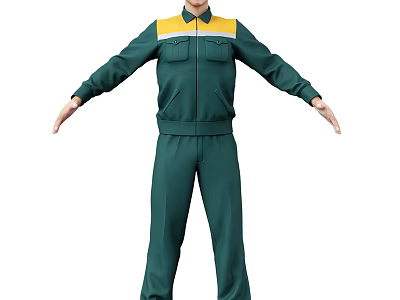 Front View Character In Green Jumpsuit With Yellow White Accents And Arms Outstretched 3d model