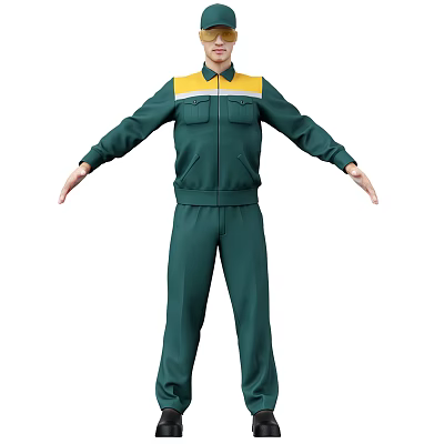 Front View Character In Green Jumpsuit With Yellow White Accents And Arms Outstretched 3d model