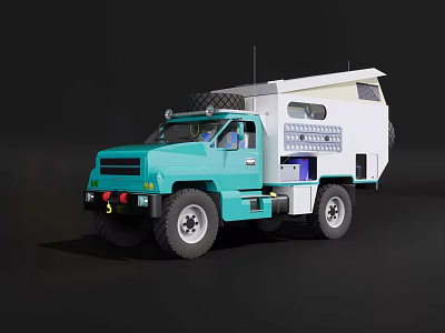 Turquoise Modified Truck With White Container Roof Rack And Off Road Tires 3d model
