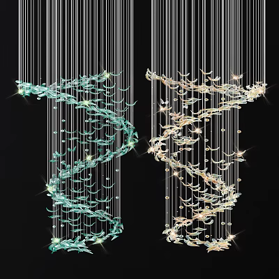 Sparkling Crystal Chandeliers With Spiral Design Blue Green And Gold Pendants Hanging 3d model