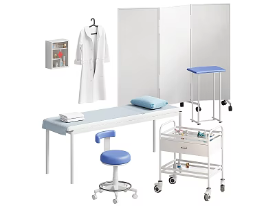 Medical Equipment Set for Clinic with Examination Table Privacy Screen Cart Stool and Lab Coat 3d model