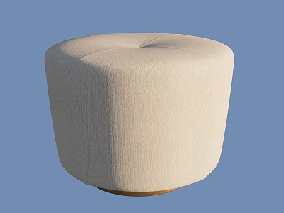 Comfortable Beige Round Ottoman with Stitched Upholstery and Wooden Base 3d model