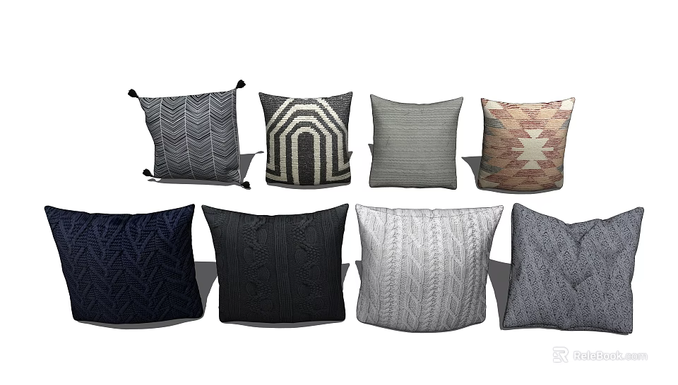 Assorted Decorative Throw Pillows With Geometric Patterns And Knitted Textures 3d model