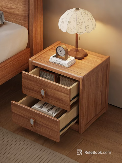 Modern Solid Wood Double Drawer Nightstand With Spacious Storage Space For Cozy Bedroom Furniture 3d model 