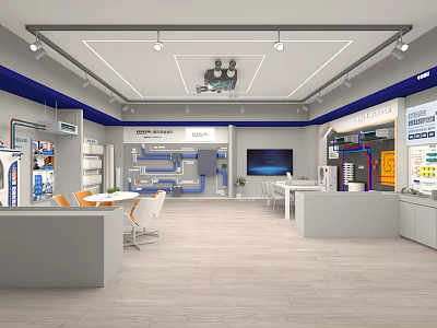 Modern Solutions Showroom With Product Displays Reception Counter And Orange Chairs 3d model