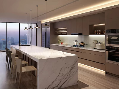 Modern Restaurant Kitchen With Marble Island Cabinets Hanging Lights And City View 3d model