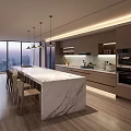 Modern Restaurant Kitchen With Marble Island Cabinets Hanging Lights And City View