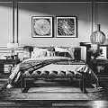 Elegant Modern Double Bed With Decorative Paintings Nightstands Table Lamps Rug And Bench