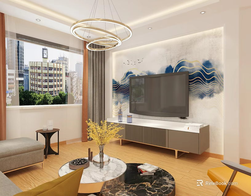 Modern Living Room Interior With Circular Chandelier TV Wall And City View Window 3d model 