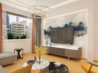 Modern Living Room Interior With Circular Chandelier TV Wall And City View Window 3d model