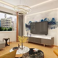 Modern Living Room Interior With Circular Chandelier TV Wall And City View Window