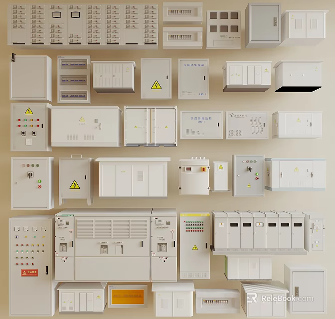 Industrial Electrical Control Boxes And Distribution Panels With Various Sizes Designs And Warning Signs 3d model 