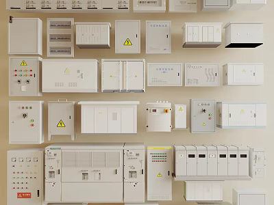 Industrial Electrical Control Boxes And Distribution Panels With Various Sizes Designs And Warning Signs 3d model