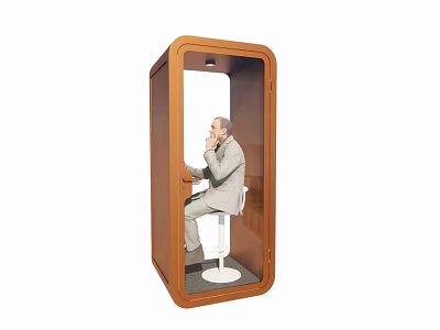 Public Wooden Soundproof Work Booth With Desk Chair And Focused Workspace 3d model