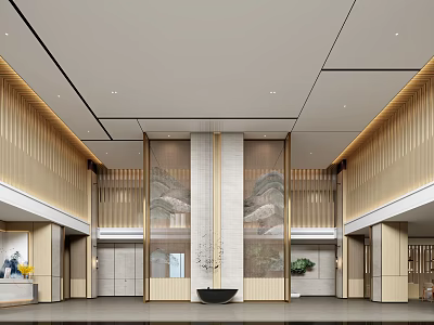 Modern Hotel Lobby Interior With Wooden Elements Decorative Screen And Black Water Feature 3d model