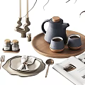 Decorative Ornament Set With Teapot Teacups Wooden Tray Vase Twigs Candles And Magazine