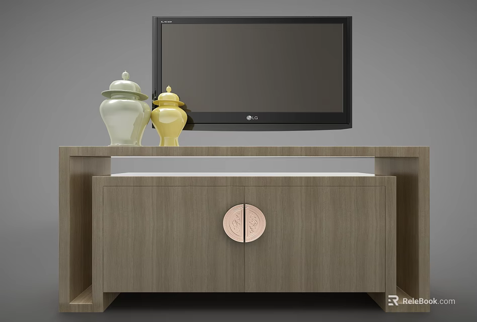 Wooden TV Stand with LG Television and Ceramic Jars and Circular Decorative Knobs on Doors 3d model 