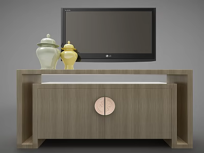 Wooden TV Stand with LG Television and Ceramic Jars and Circular Decorative Knobs on Doors 3d model