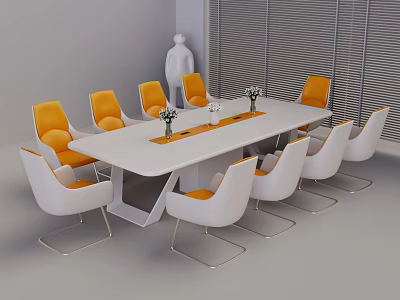 Long Modern Conference Table With White Orange Chairs Vases And Window Blinds 3d model