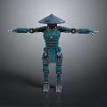 Mechanical Robot Character In Teal With Conical Hat And Outstretched Arms 3d model