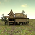 Scenic Traditional Thatched House with Wooden Stilts and Trees in Grassland