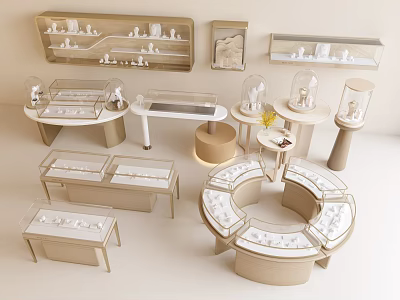 Luxury Jewelry Store Interior Showcasing Glass Display Cases Round Tables And Shelves With Jewelry 3d model