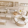 Luxury Jewelry Store Interior Showcasing Glass Display Cases Round Tables And Shelves With Jewelry