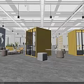 Modern Public Office Space Interior With Yellow Glass Partitions And Gray Stools