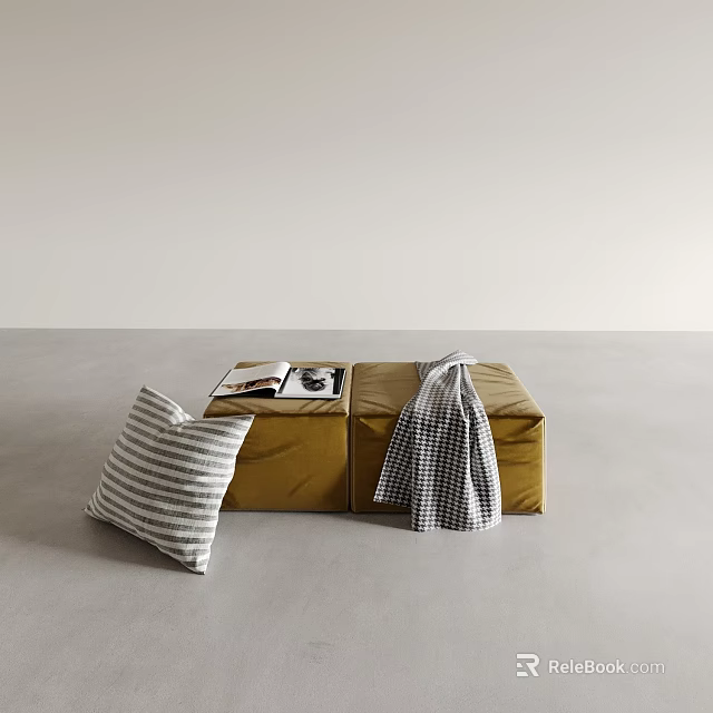 Golden Velvet Ottoman With Striped Pillow Plaid Blanket And Magazines 3d model 