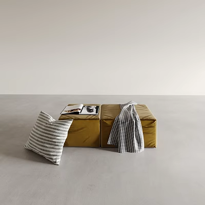 Golden Velvet Ottoman With Striped Pillow Plaid Blanket And Magazines 3d model