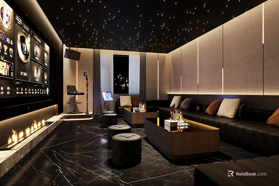 Luxurious KTV Interior With Starry Ceiling Black Marble Flooring Leather Sofas Bar Counter And Lighting 3d model 