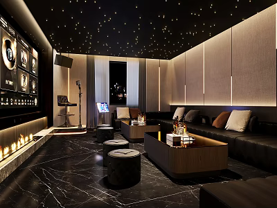 Luxurious KTV Interior With Starry Ceiling Black Marble Flooring Leather Sofas Bar Counter And Lighting 3d model