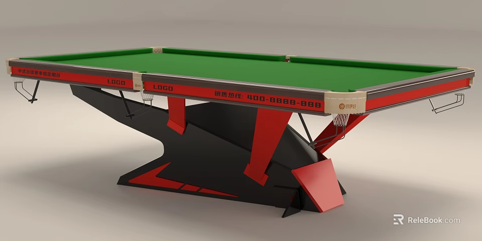 Modern Pool Entertainment Table with Green Felt Surface and Black Red Frame 3d model