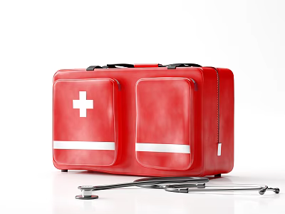 Essential Medical Equipment Featuring Red First Aid Kit With White Cross And Stethoscope 3d model