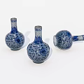 Three Blue And White Ceramic Vases With Intricate Traditional Patterns On White Background