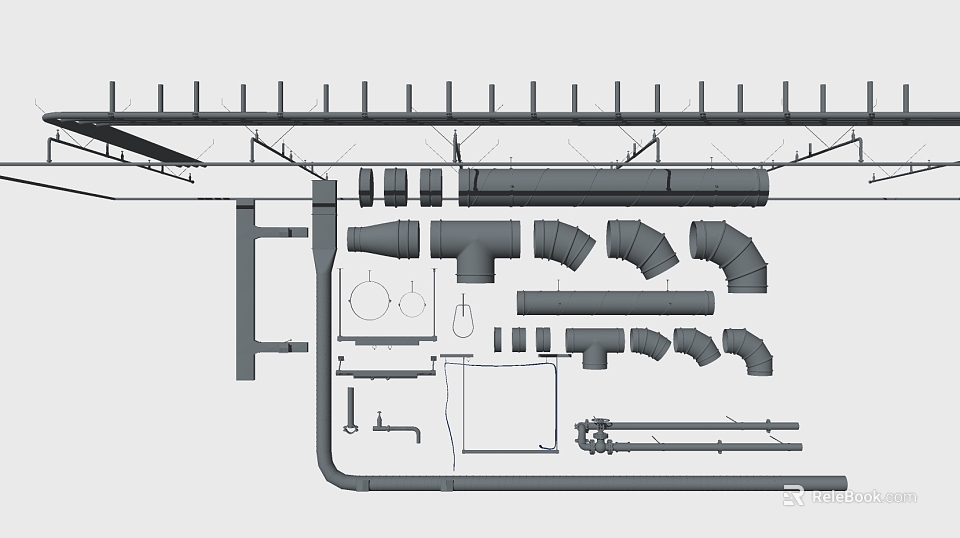 Piping System Components With Elbows Tees Valves Joints And Fittings For Engineering 3d model 