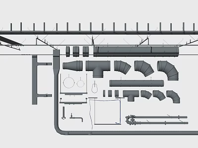 Piping System Components With Elbows Tees Valves Joints And Fittings For Engineering 3d model