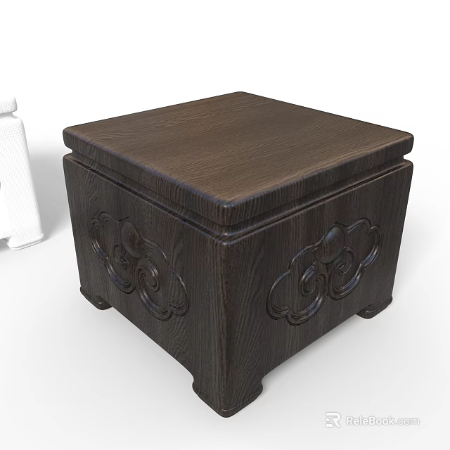 Dark Brown Wooden Box With Intricate Carved Patterns And White Bottle 3d model 