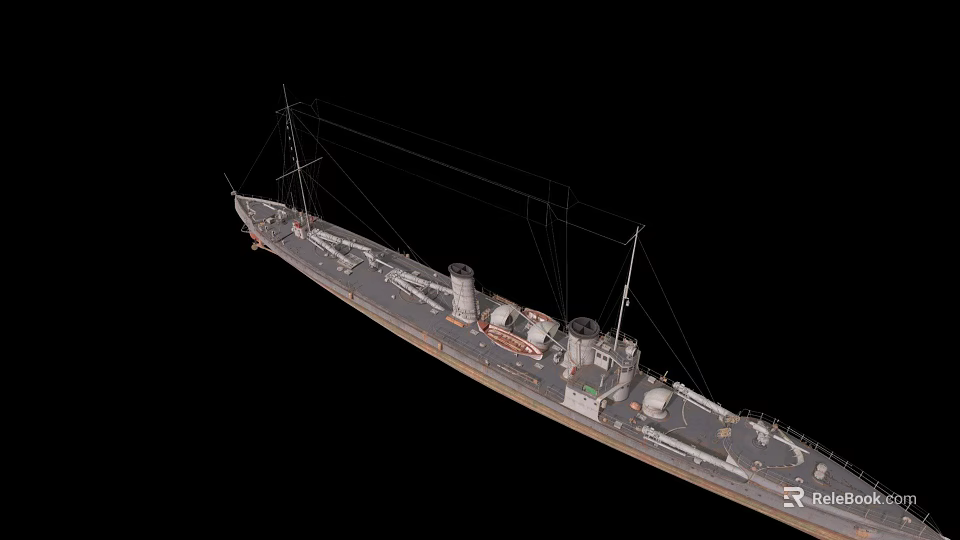 Warship 3D Model Top View Display With Chimneys Masts And Structural Details 3d model 