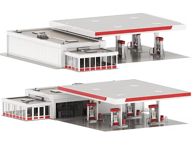 Modern Gas Station Building Exterior With Red Roof Fuel Pumps And Windows 3d model