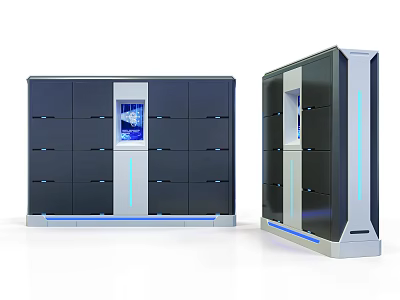 Modern Storage Cabinets With Digital Screens Drawers And Blue Accent Lights 3d model