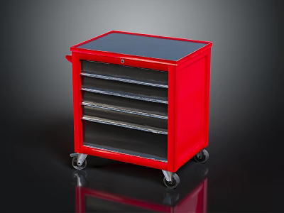 Red Bookcase with Multiple Drawers Shelves Black Top and Rolling Casters 3d model