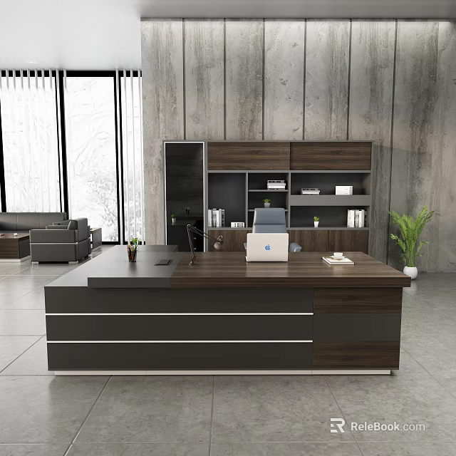Modern Office Interior Design With Large Wooden Desk Laptop Bookshelf And Green Plant 3d model 