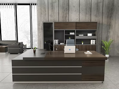 Modern Office Interior Design With Large Wooden Desk Laptop Bookshelf And Green Plant 3d model