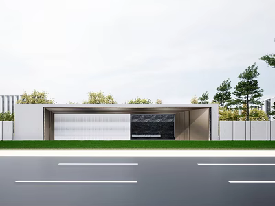 Modern Storefront Facade With White Stone Wall Black Panel And Green Plants Along Roadside 3d model