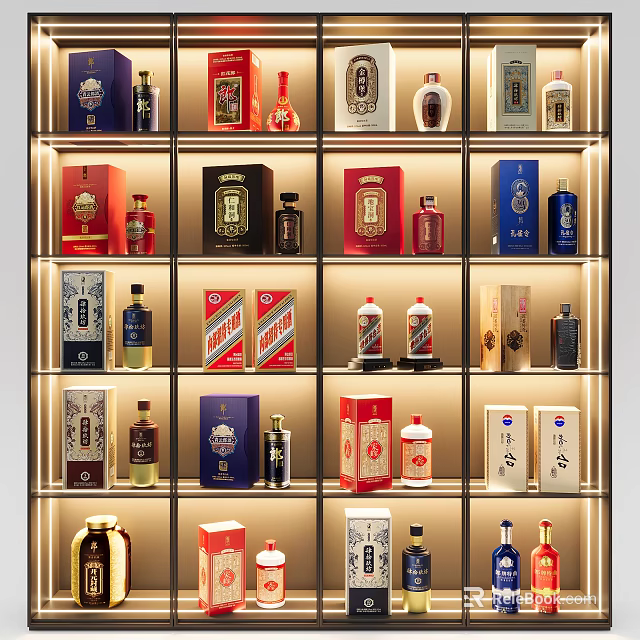 Elegant Wine Bottles and Glasses Display in Decorative Shelf with Lighting Accents 3d model 